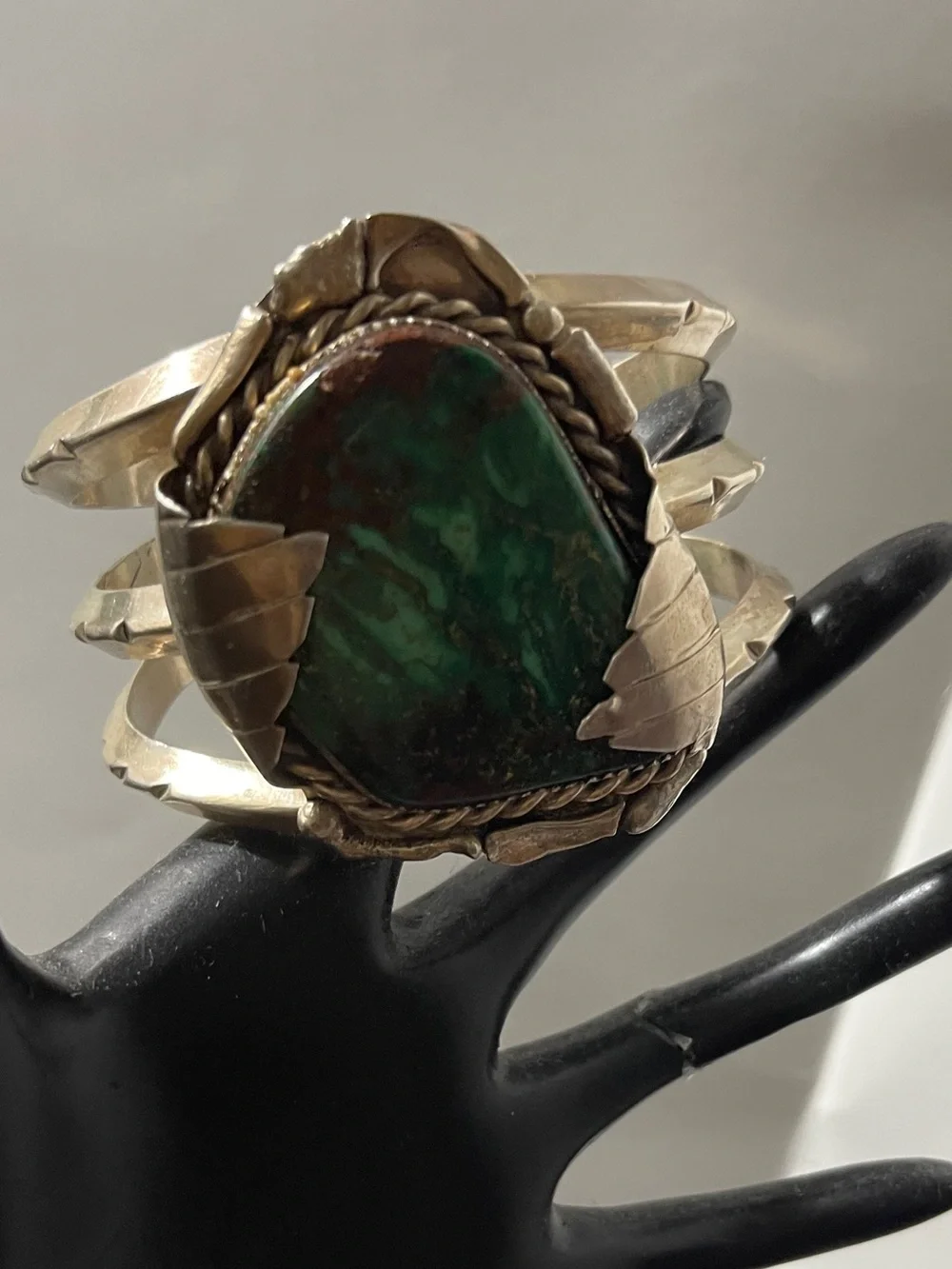 Vtge Cuff Bracelet Handcrafted Sterling Silver Natural Turquoise Green Stone